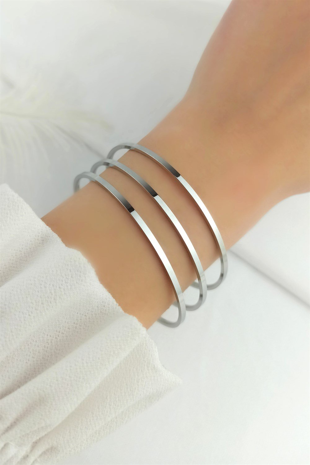 Çelik Büyük Boy 3 lü Kare Kesim Çelik Bilezik-Bileklik TrBilek7941