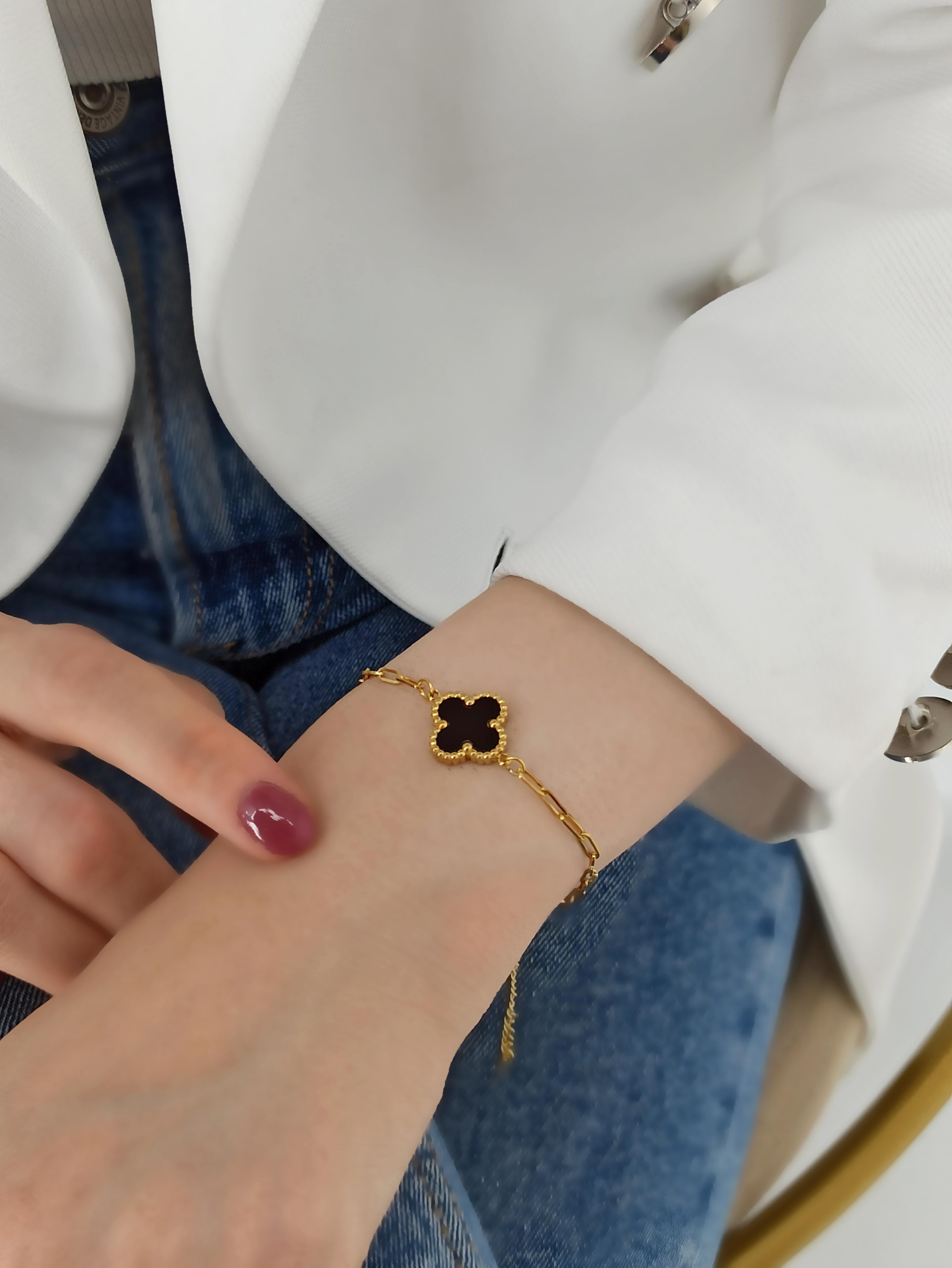 Çelik Çift Taraflı Yonca Bileklik Van Cleef Model Geçmeli Zincir Bileklik