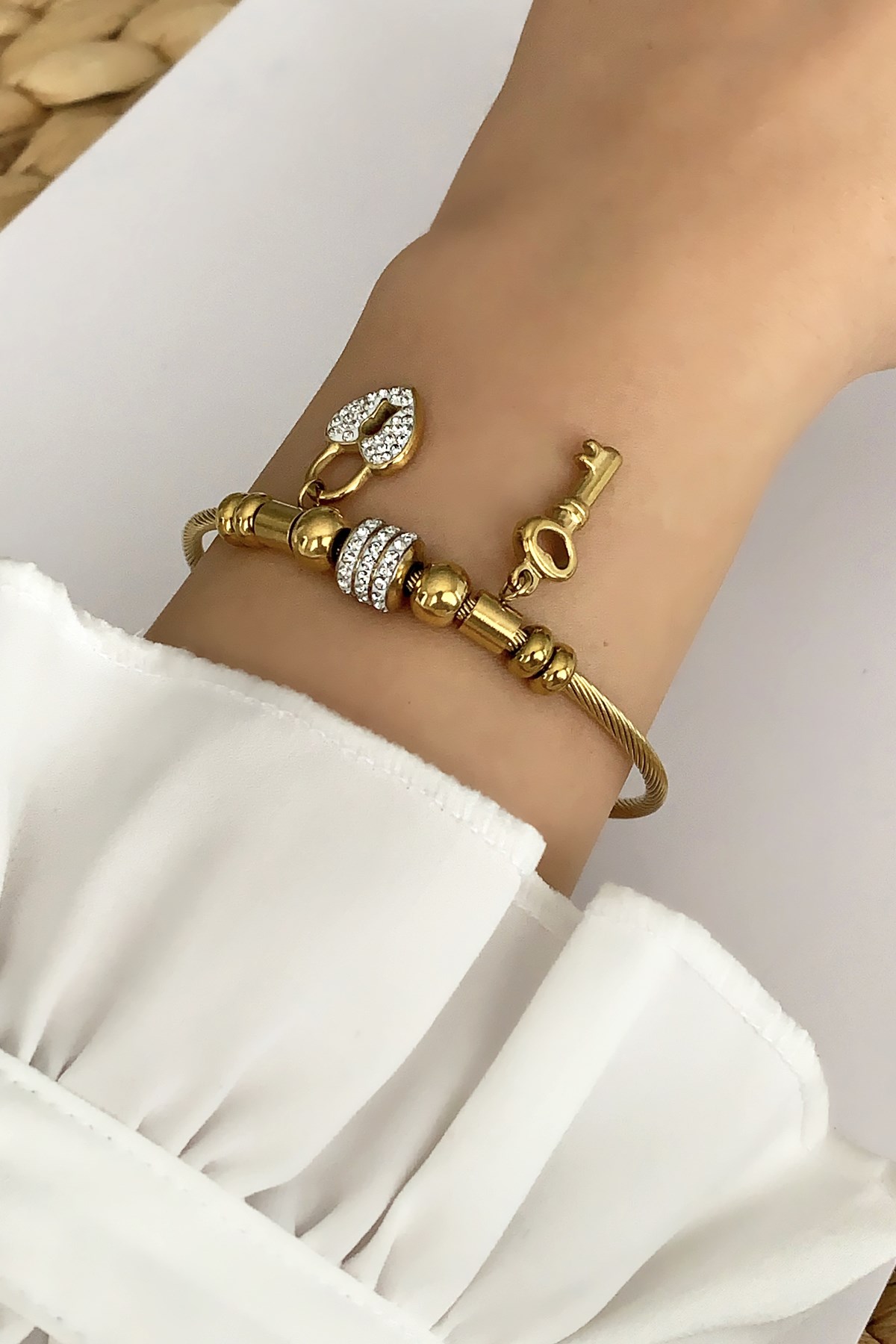 Çelik Gold Kalp-Anahtar Figür Mıknatıs Çelik Bileklik TrBilek7564 B36503