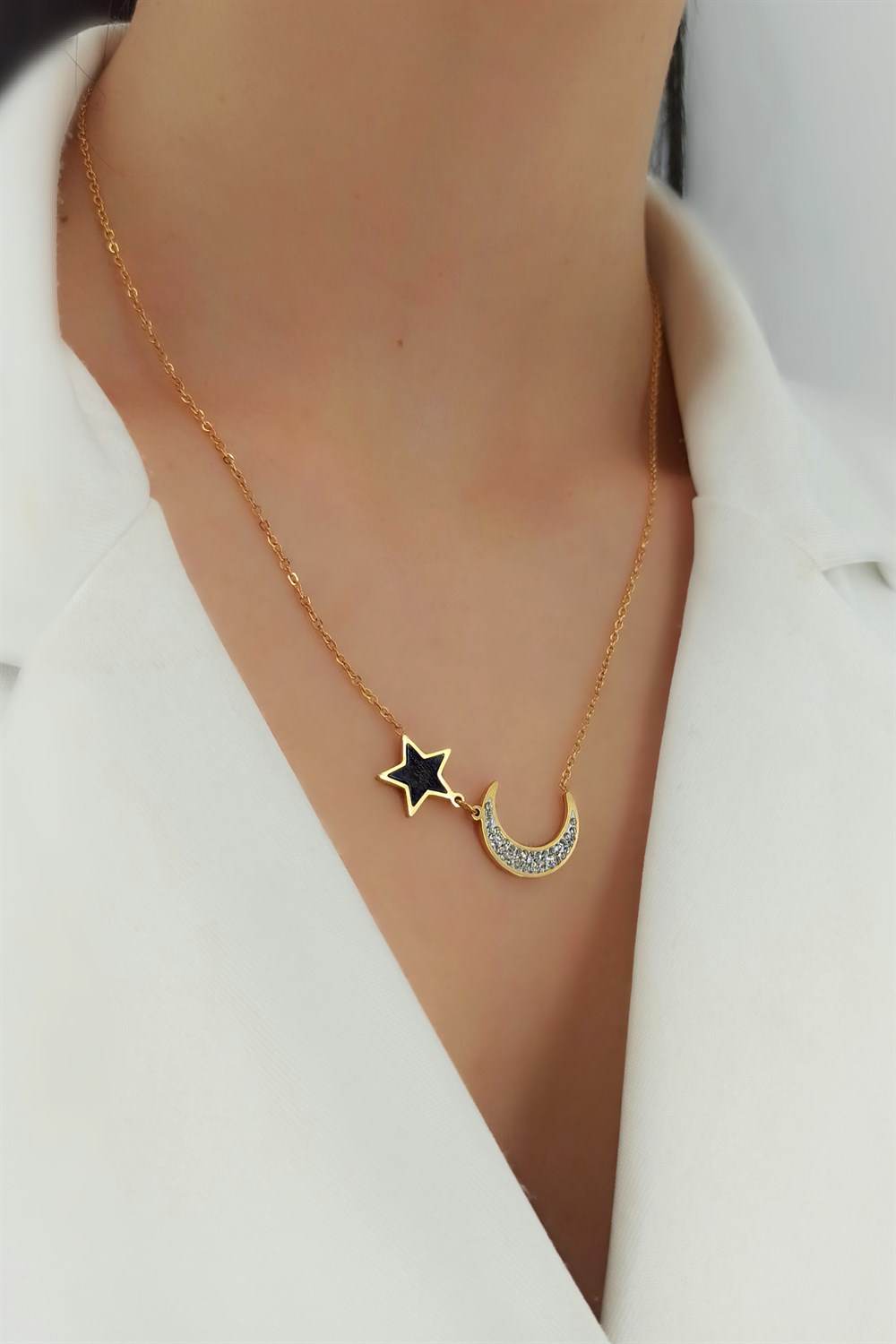 Çelik Mineli Taşlı Çelik Ay Yıldız Kolye TrKolye5925
