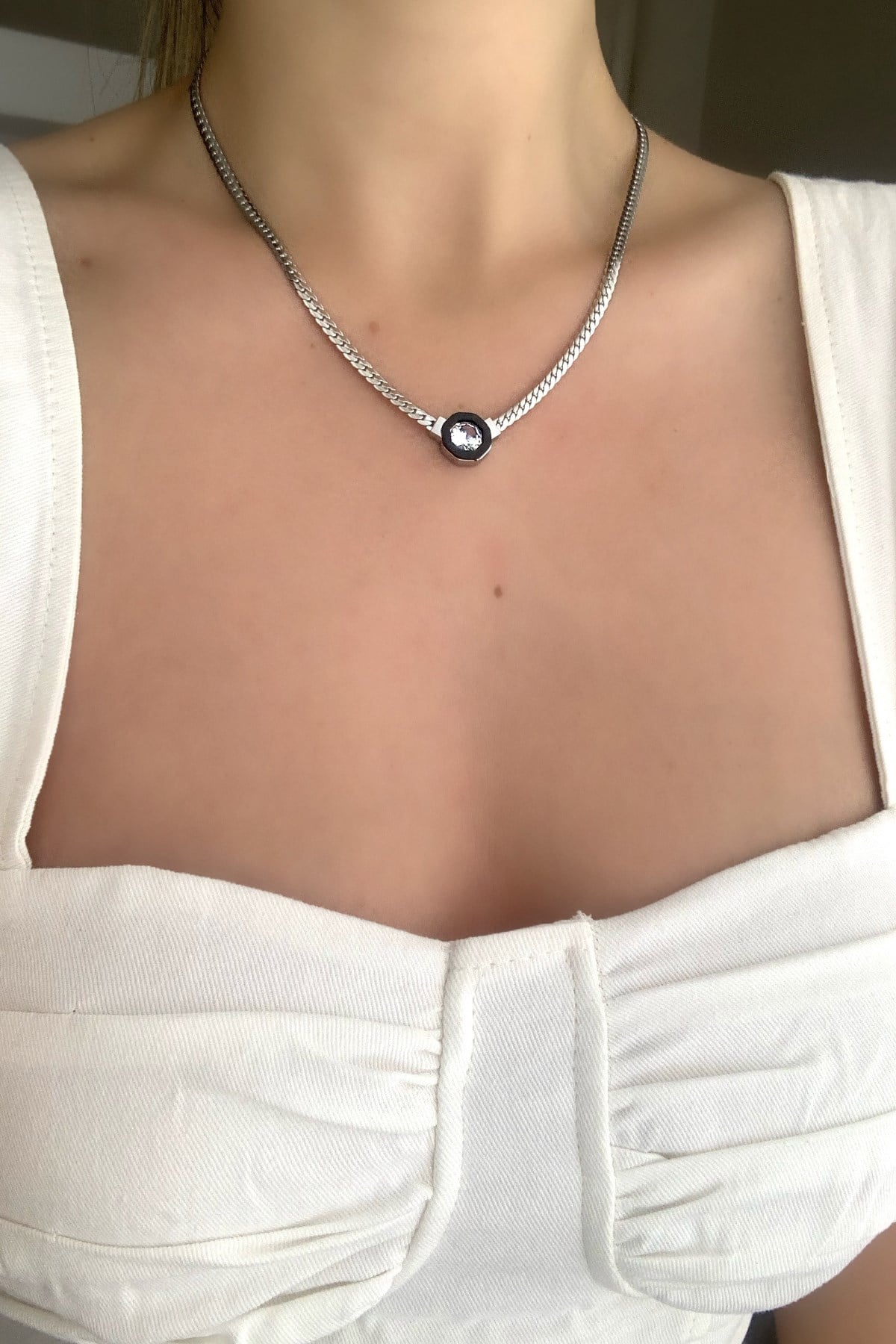 Çelik Örme Zincir Kristal Taş Çelik Kolye TrKolye5618 B35503