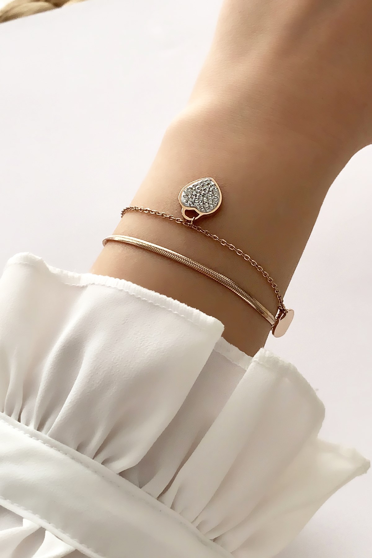 Çelik Rose 2 li Yılan Zincir Kalp Figür Bileklik TrBilek7550 B34503