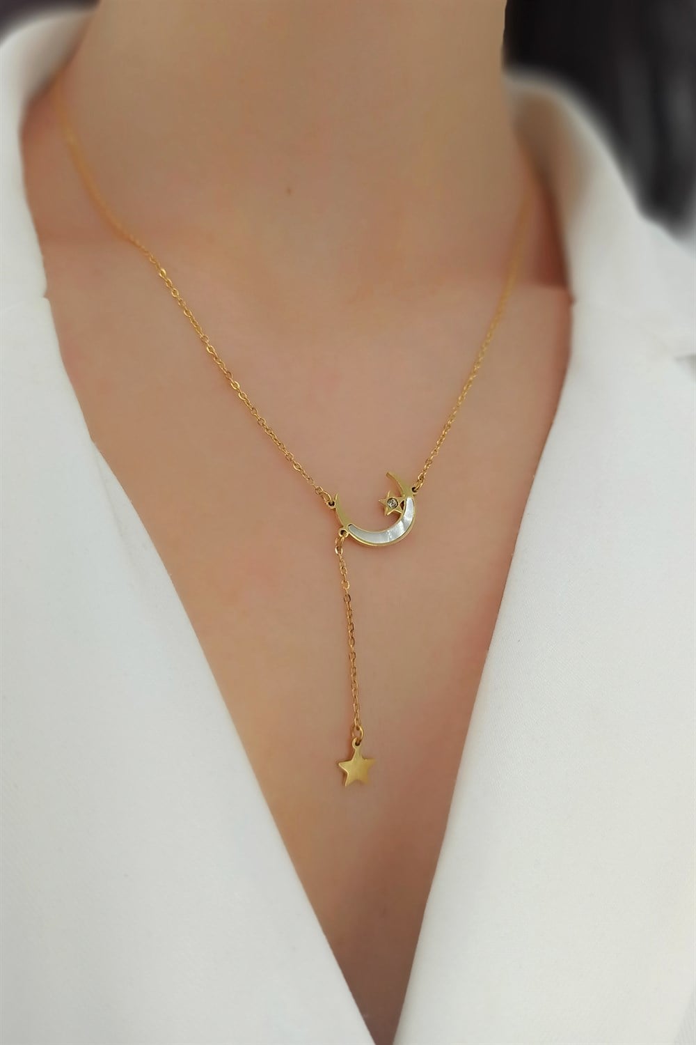 Çelik Sedefli Ay Yıldız Kolye TrKolye5933