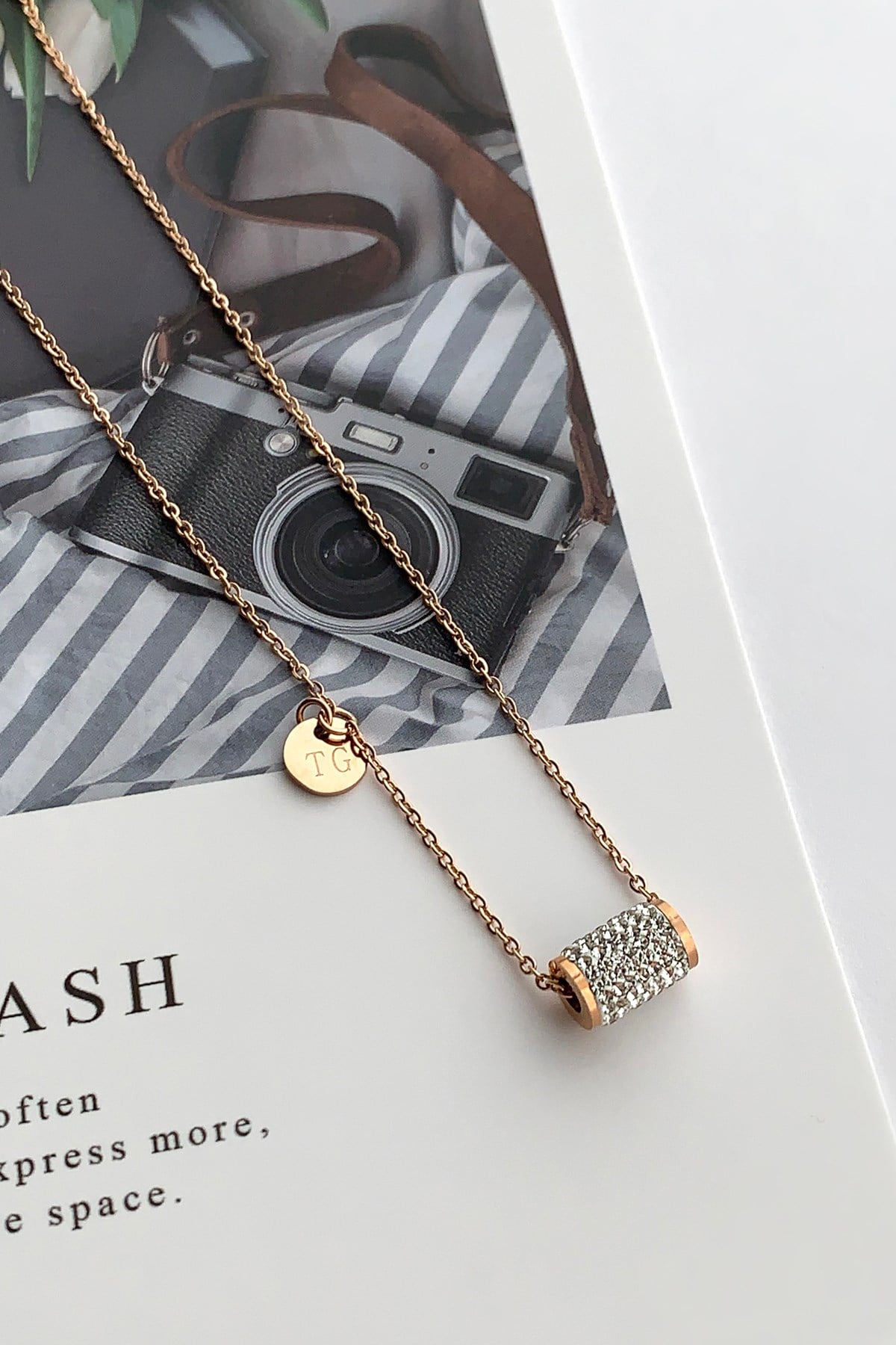 Çelik Silindir Taşlı Çelik Kolye TrKolye5469 B34503