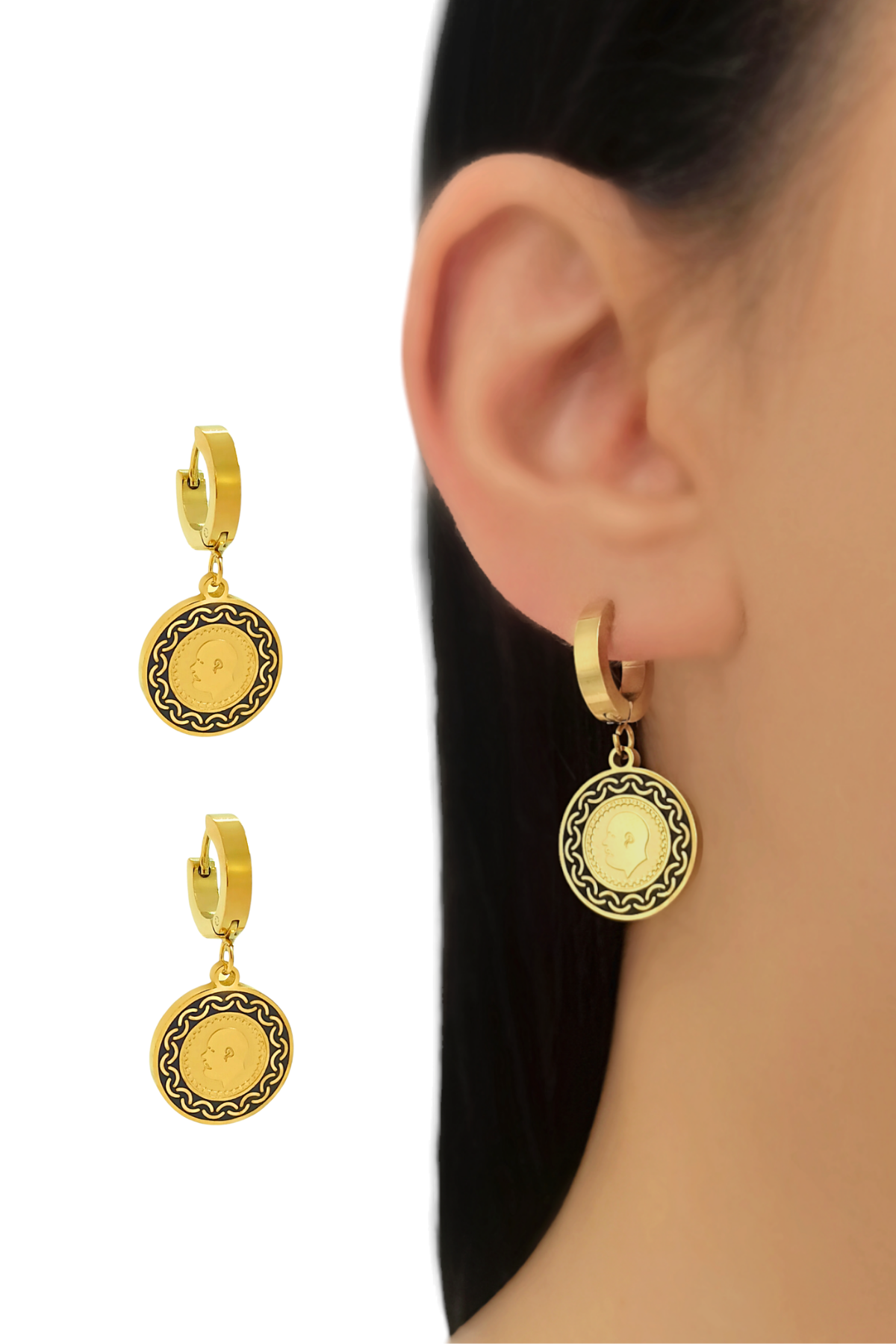 Çelik Siyah Mineli Tuğra Küpe