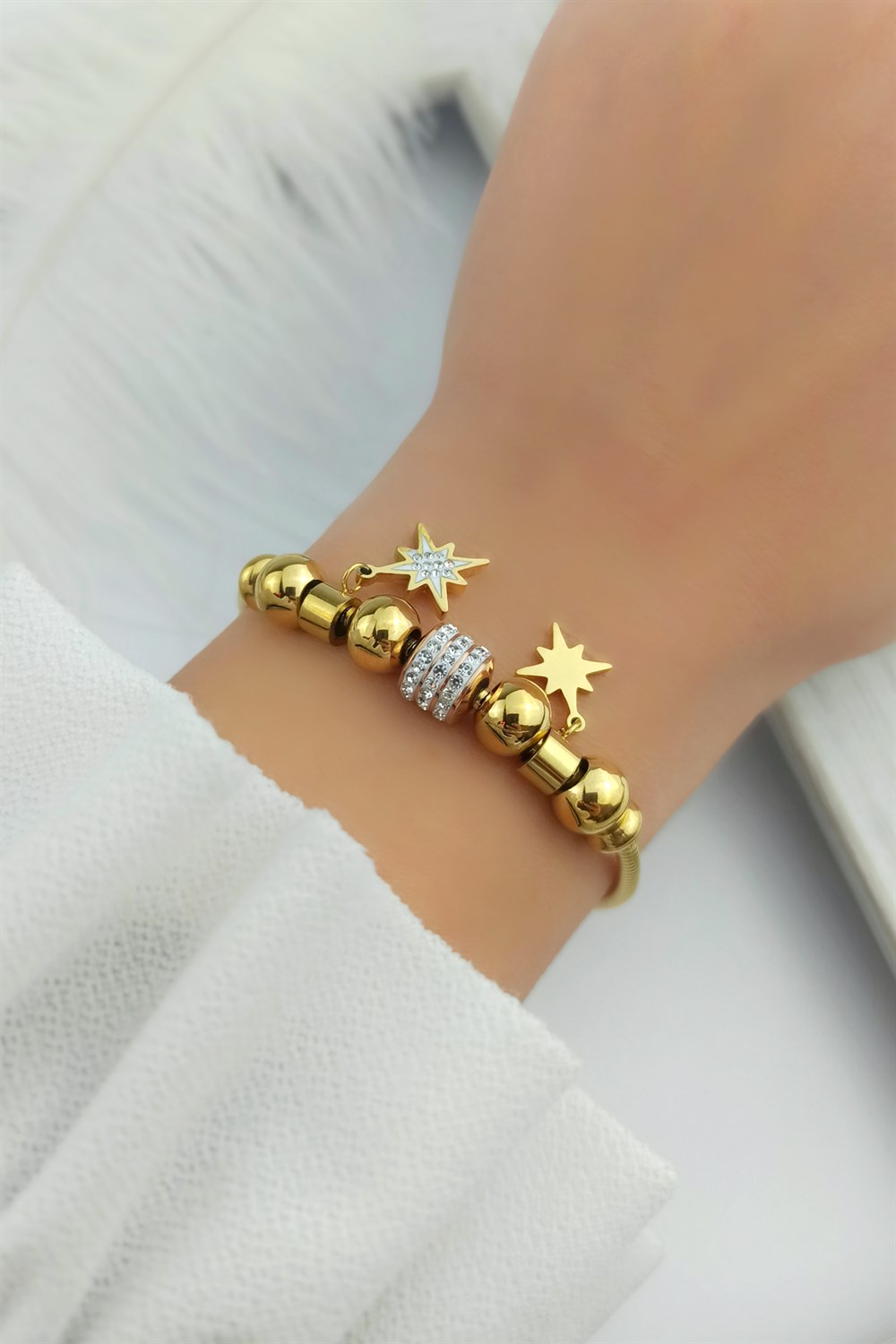 Çelik Taşlı Kuzey Yıldız Figür Çelik Bileklik TrBilek7856