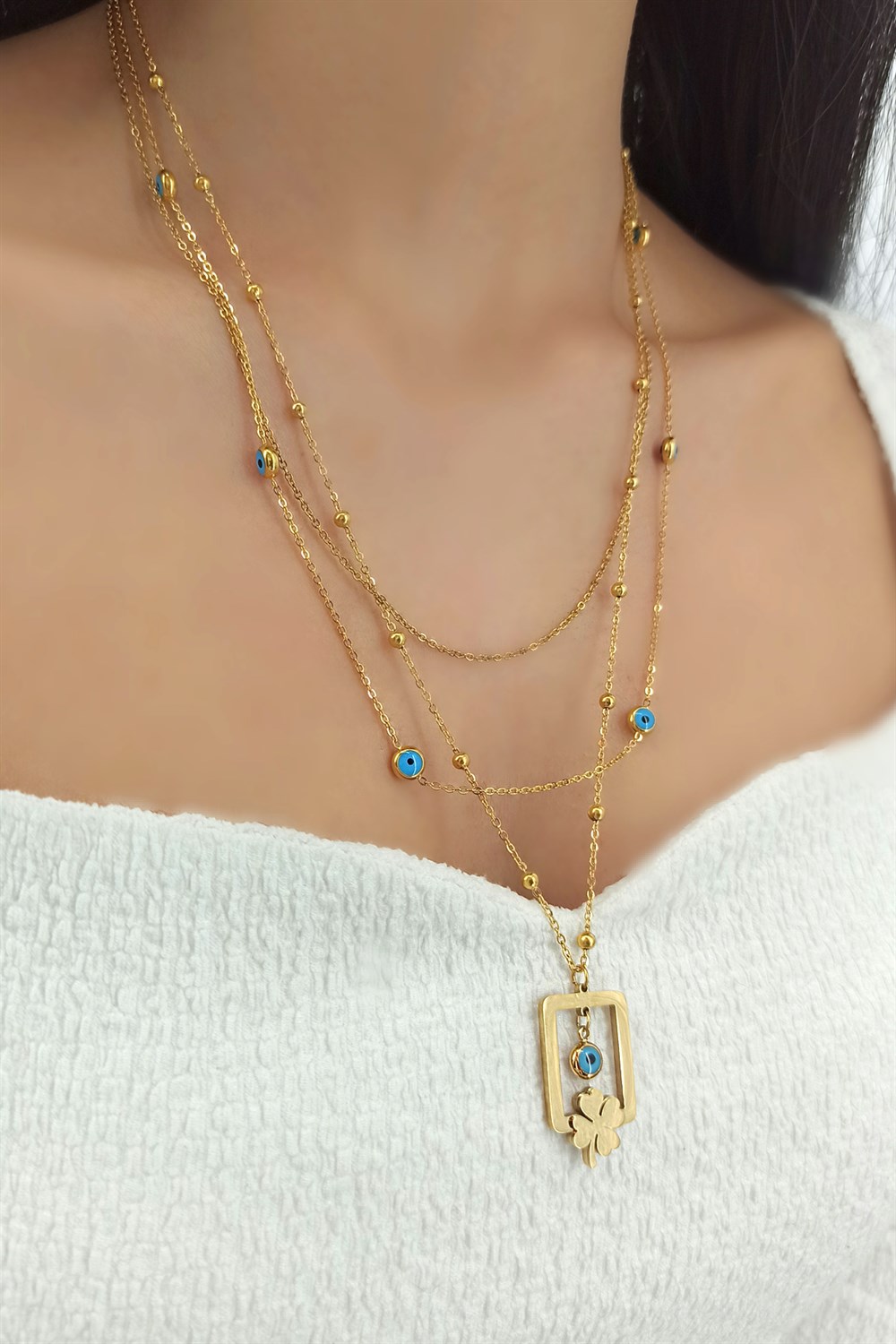 Çelik Üç Sıra Nazar Boncuklu Çelik Yonca Kolye TrKolye5931