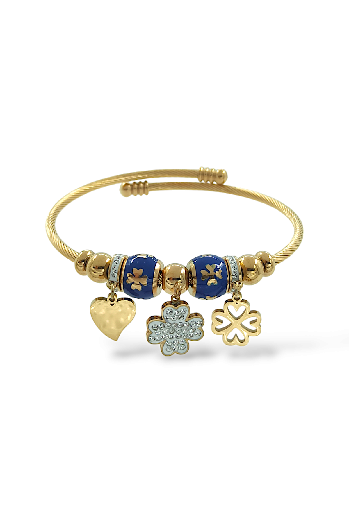 Charmlı Çelik Taşlı Kalp Kelepçe Bileklik