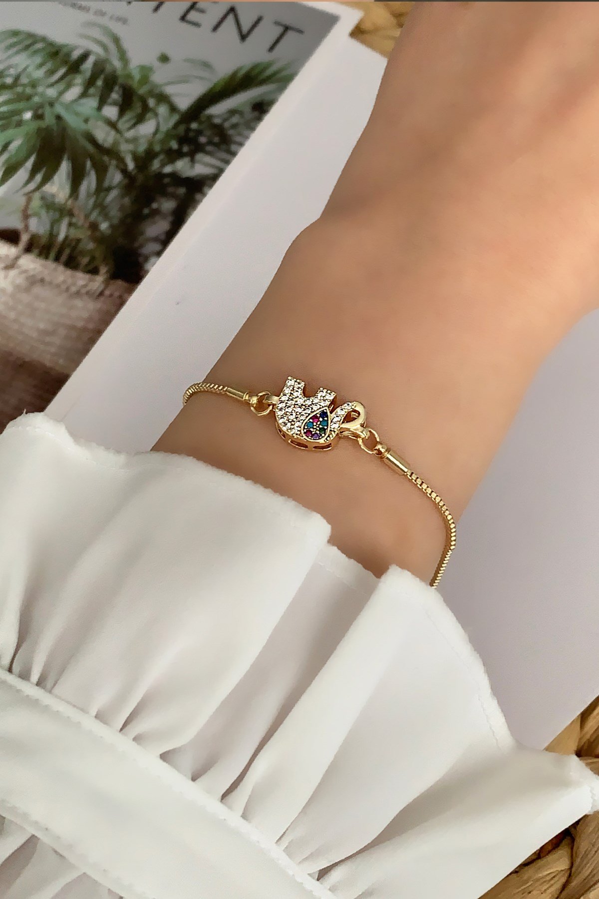 Gold  Renkli Taş Fil Figür Asansörlü Bileklik TrBilek7534 B34003