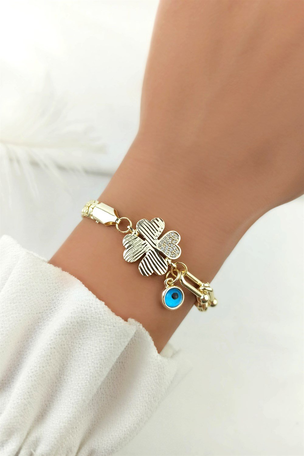 Nazar Boncuklu Ray Zincir Yonca Bileklik TrBilek70017