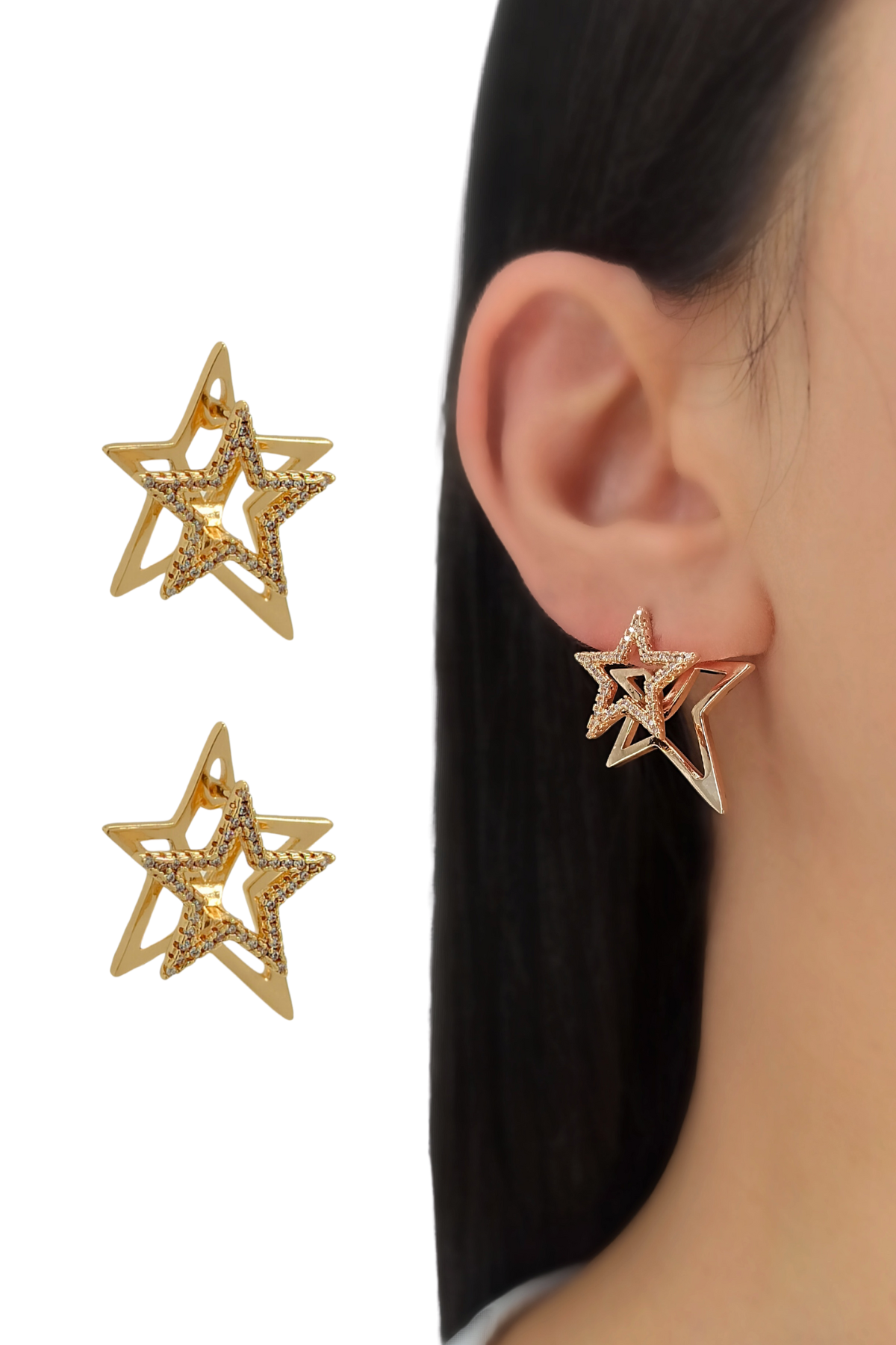 Premium 3 Boyutlu Taşlı Yıldız Küpe