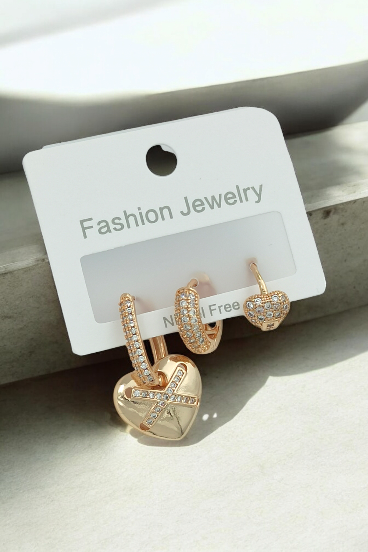 Premium 3'lü Taşlı Kalp Küpe Kombin 35617