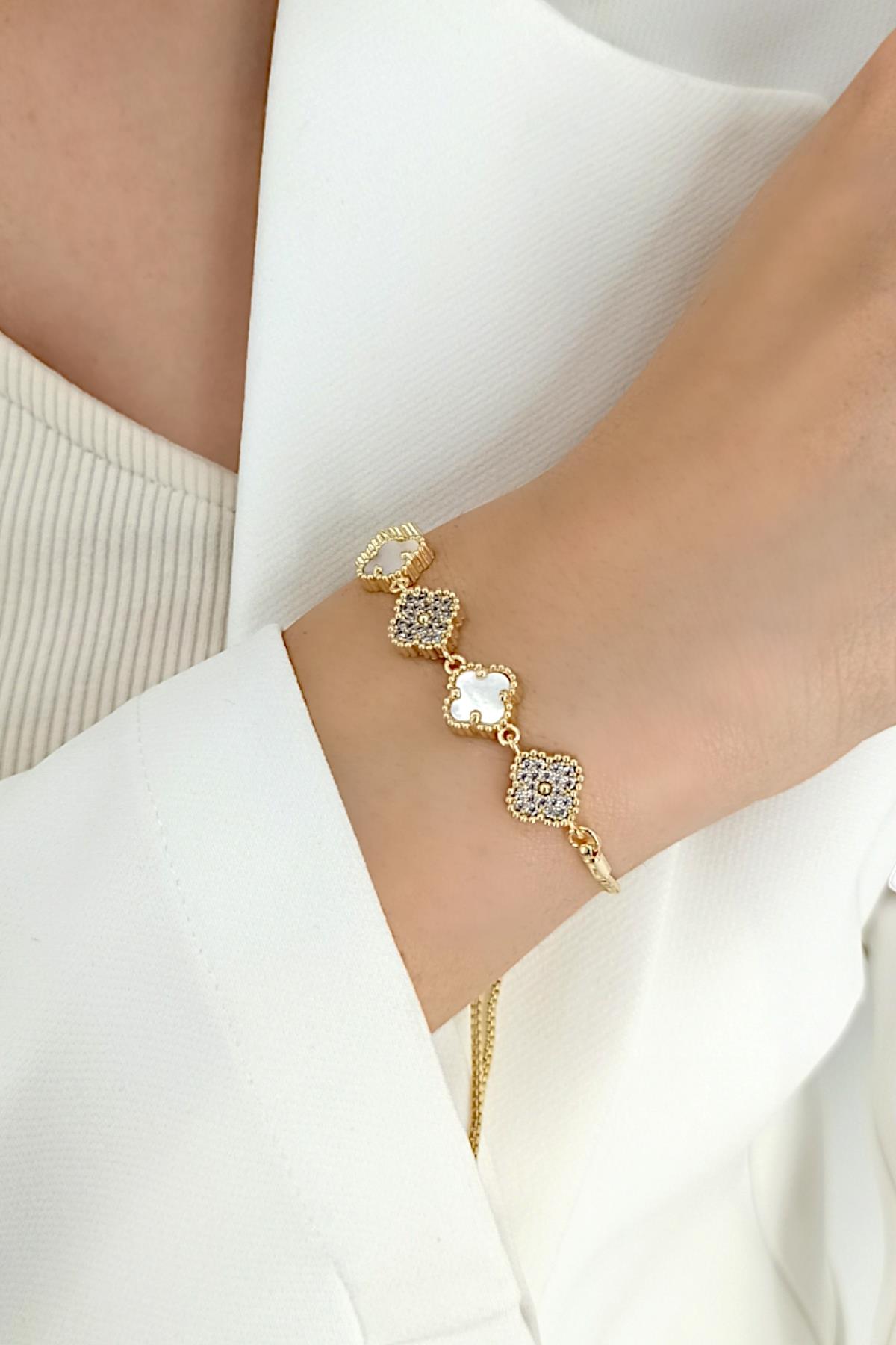 Premium Asansörlü Taşlı Yonca Bileklik