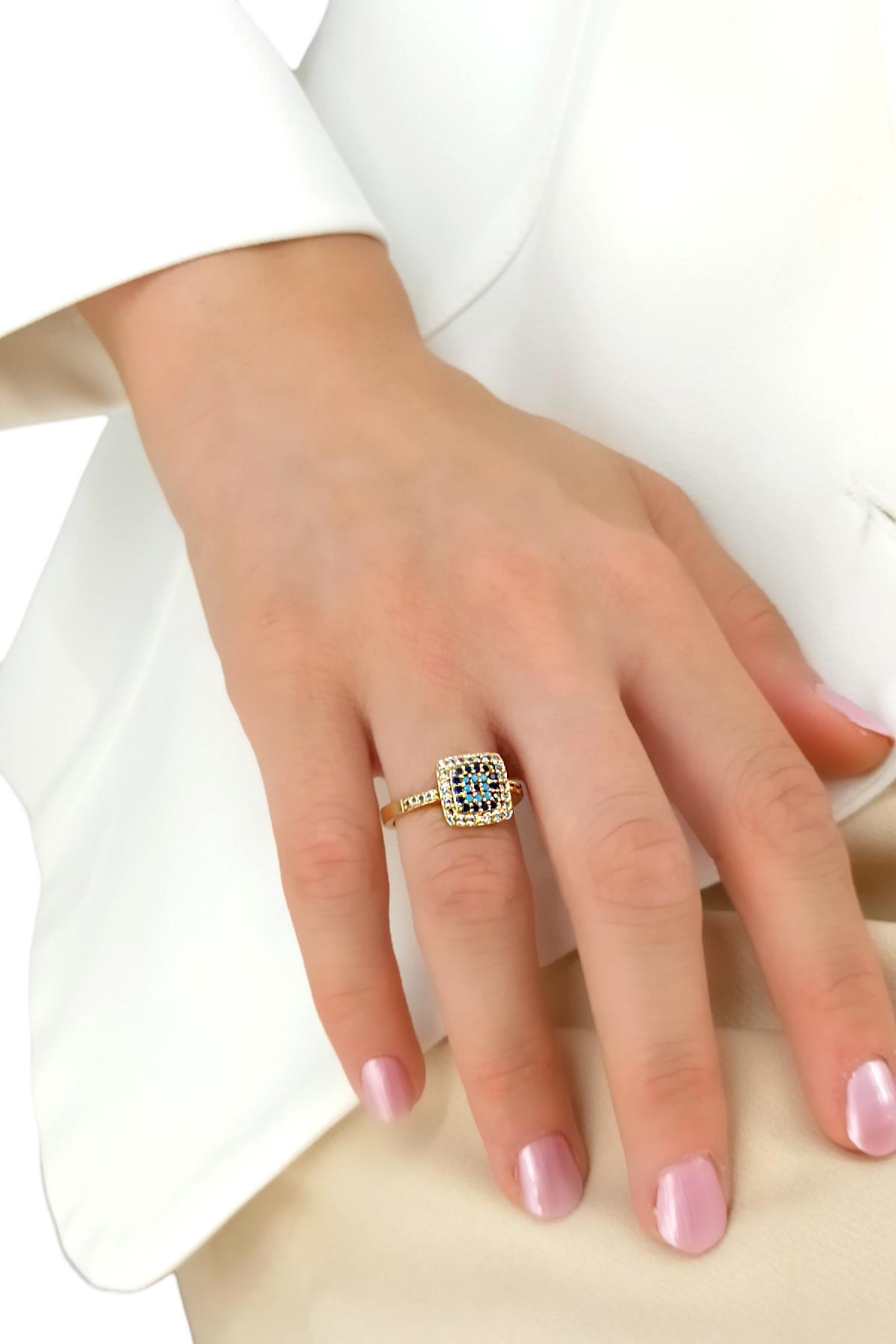 Premium Ayarlanabilir Nazar Boncuk Kare Yüzük