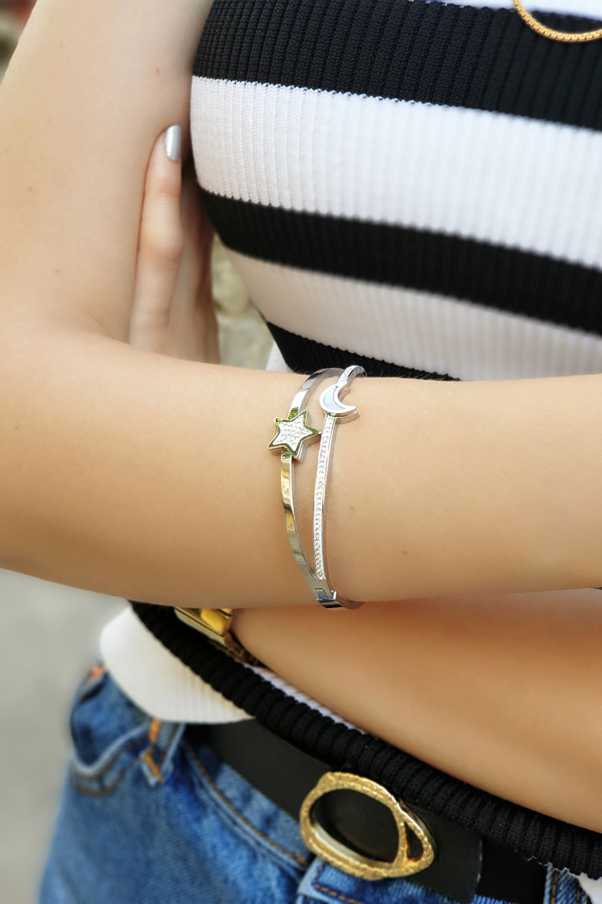 Yıldızlı Çelik Kelepçe Bileklik