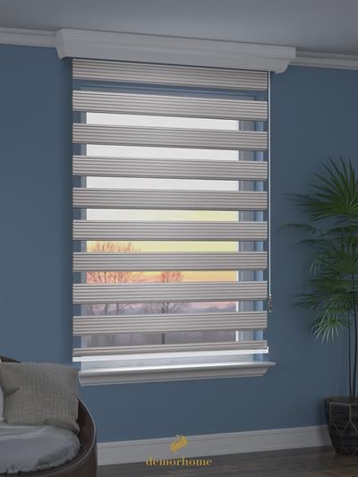 Geniş Pliseli Açık Gri Zebra Stor Güneşlik Perde Metal Kasa