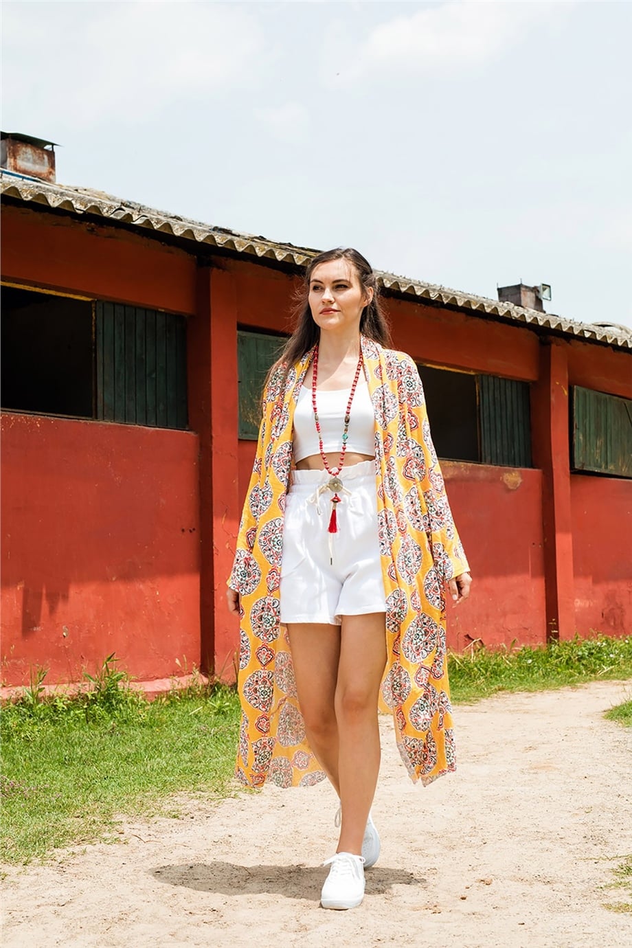 Çini Desenli Sarı Kaftan