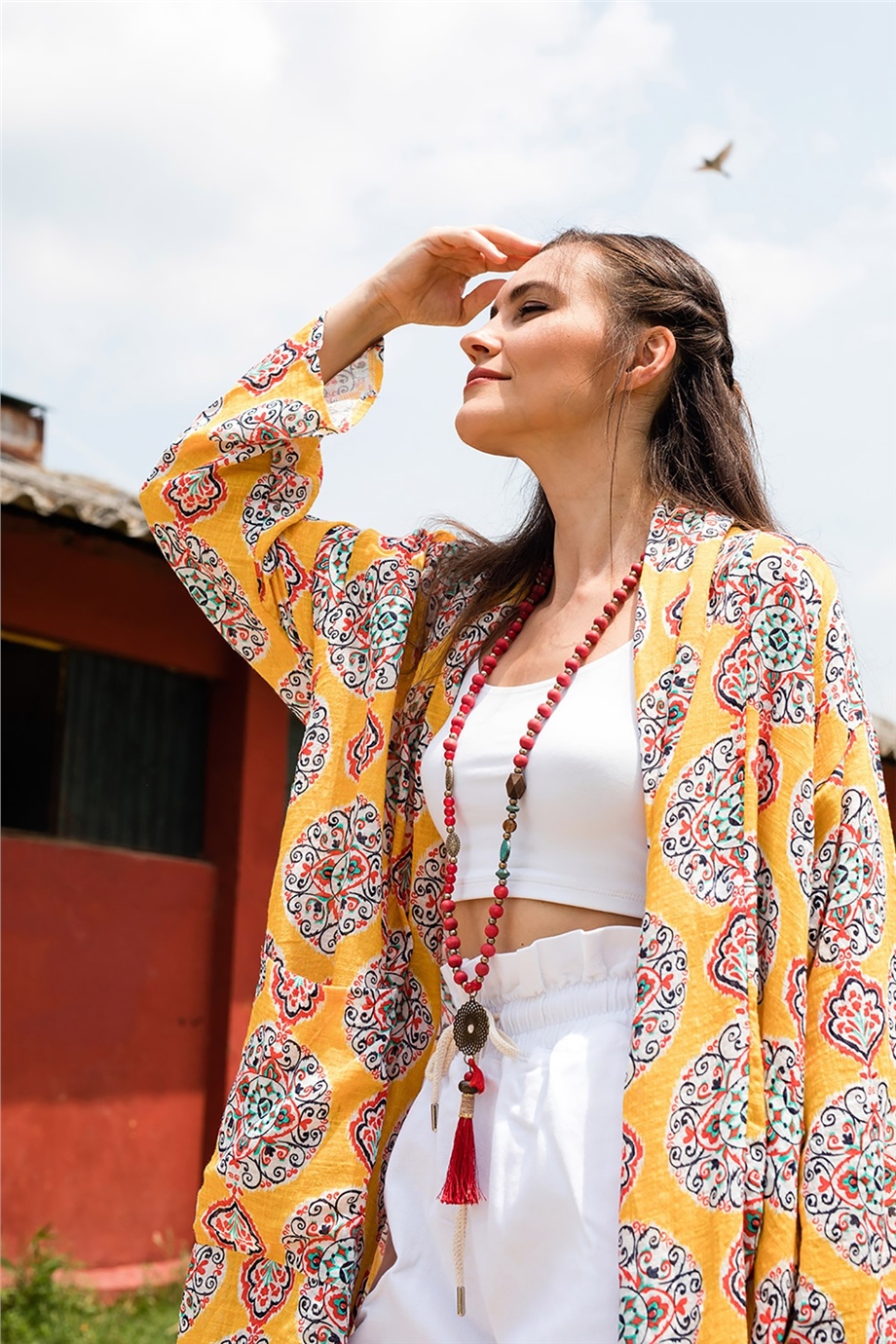 Çini Desenli Sarı Kaftan