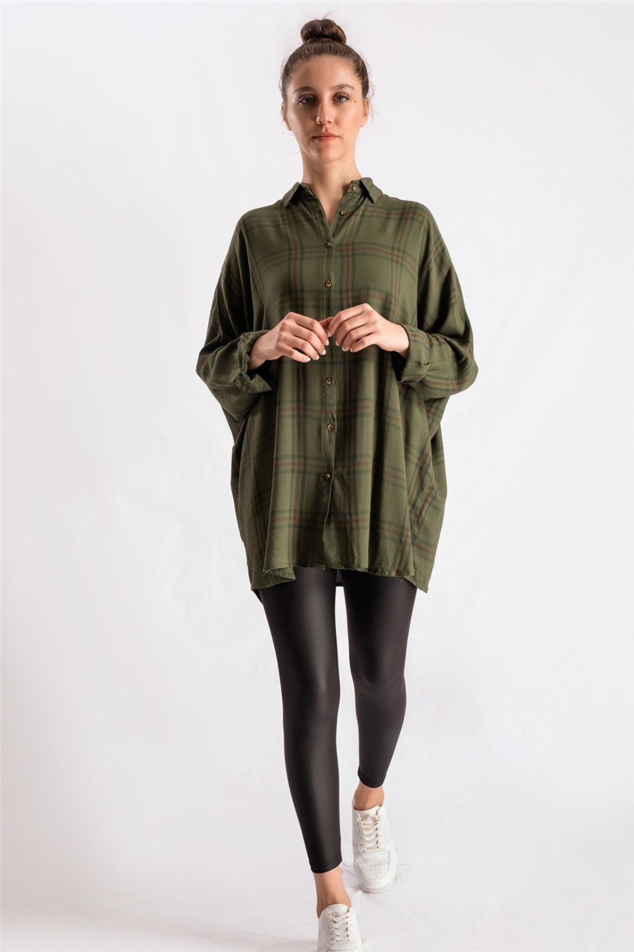 Ekose Desenli Yeşil Oversize Gömlek