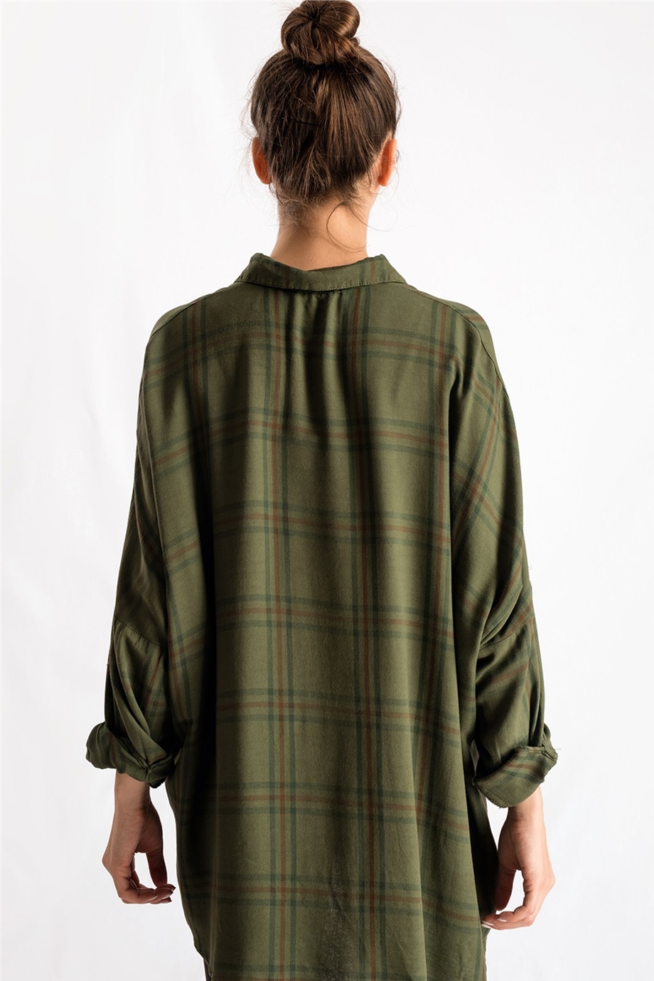 Ekose Desenli Yeşil Oversize Gömlek