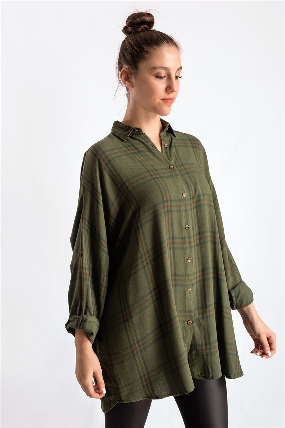 Ekose Desenli Yeşil Oversize Gömlek
