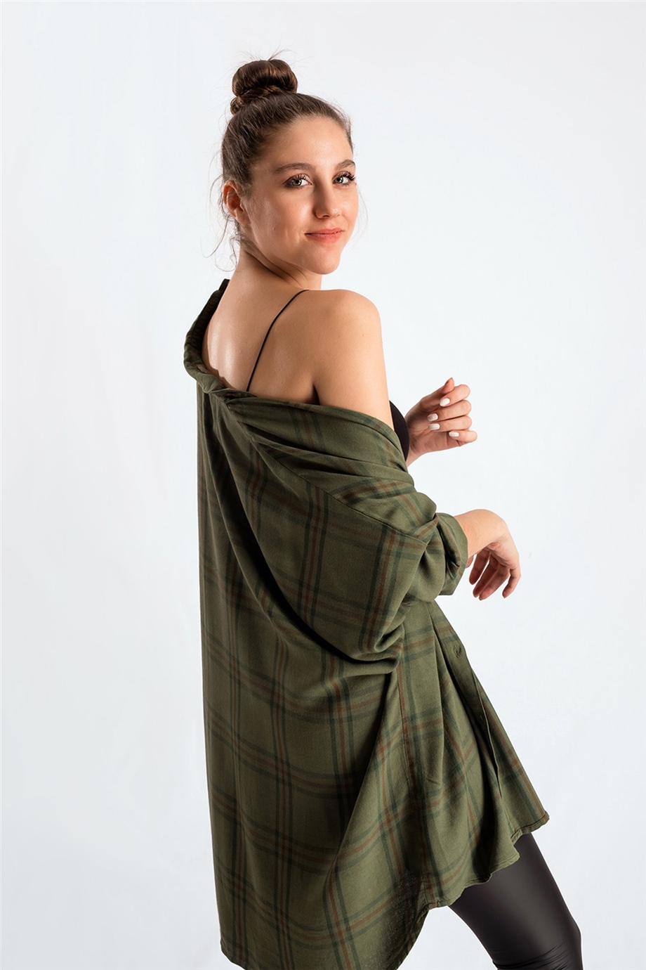Ekose Desenli Yeşil Oversize Gömlek