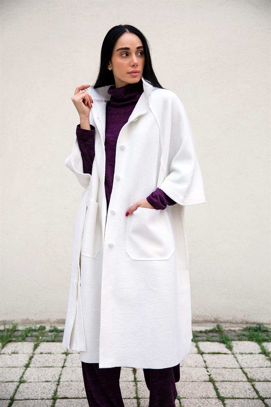 Ekru Oversize Keçe Kaban