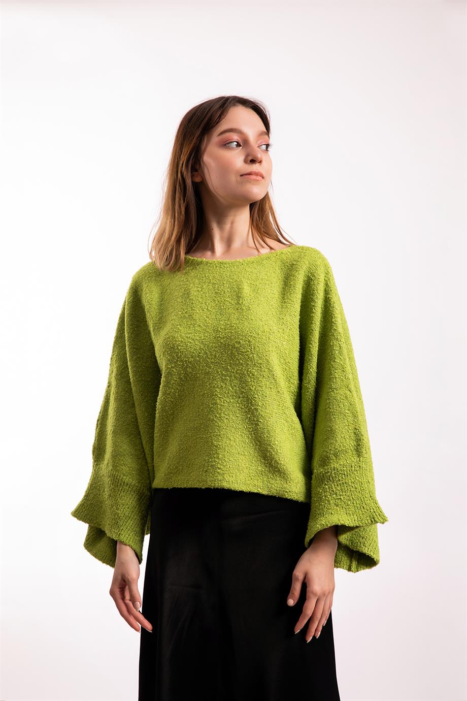 Kimono Kollu Fıstık Yeşili Buklet Crop