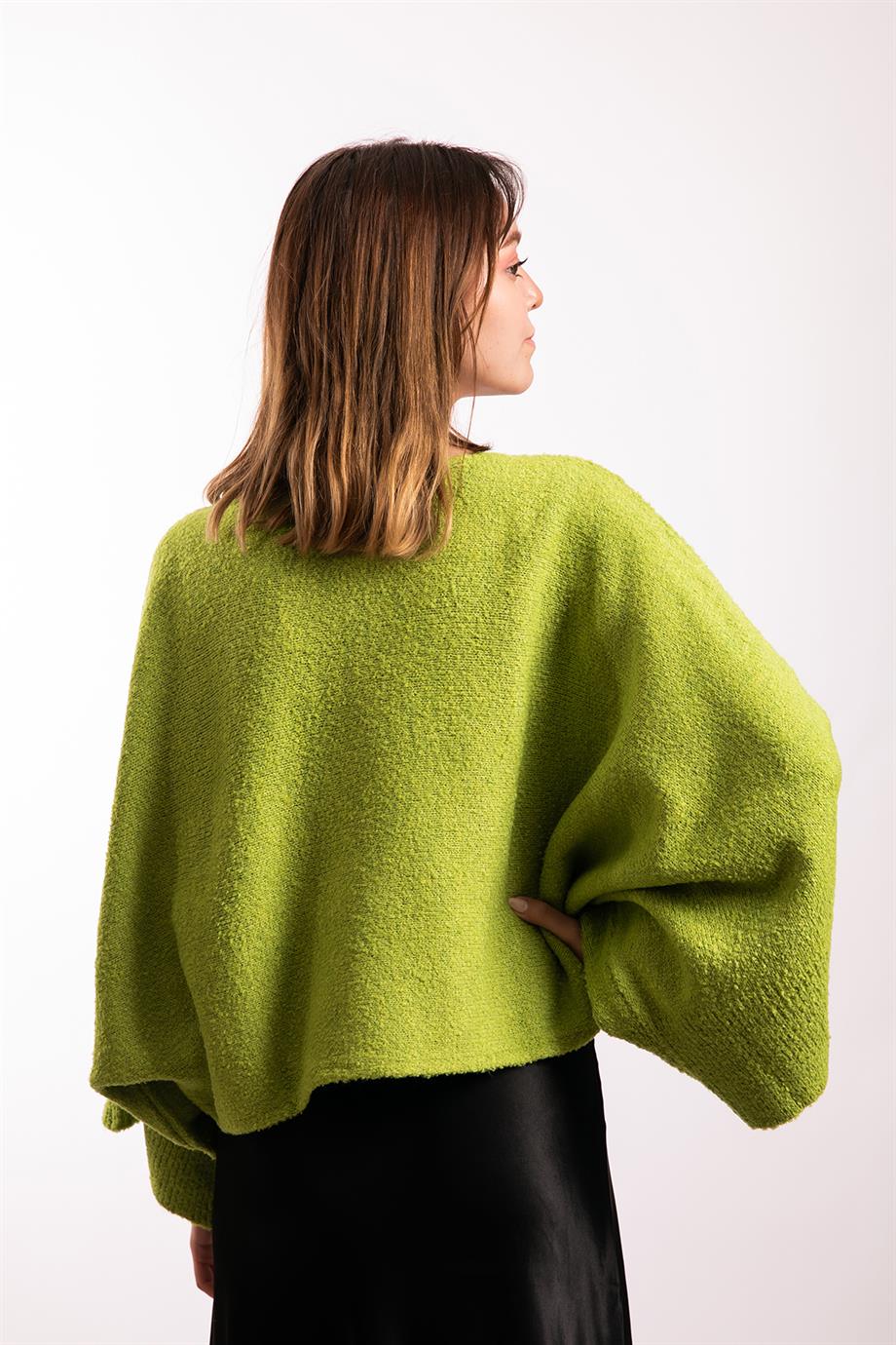 Kimono Kollu Fıstık Yeşili Buklet Crop
