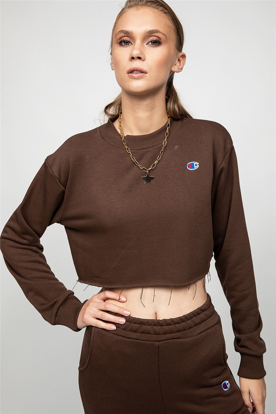 Kahverengi Crop Sweat Takım