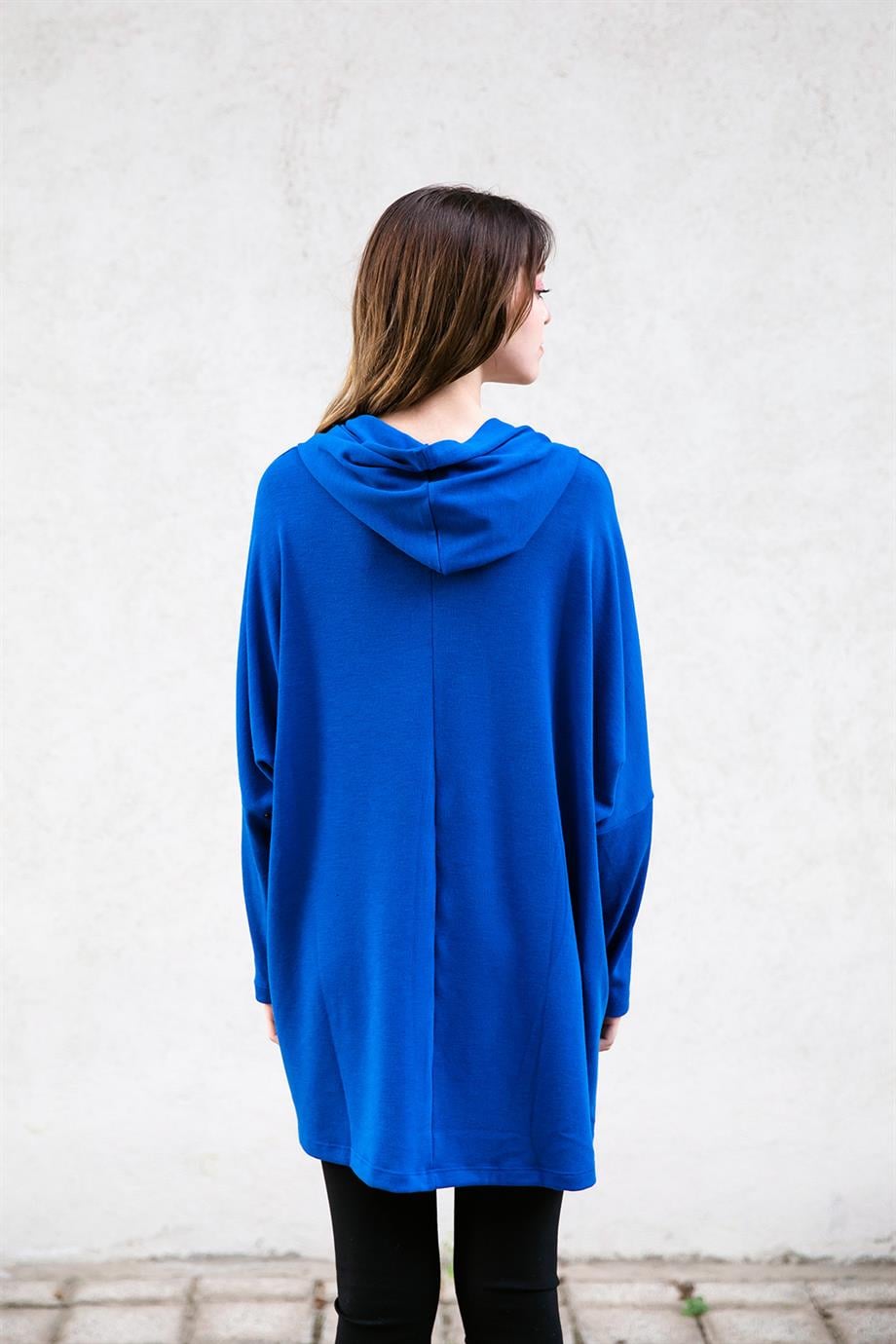 Kapüşonlu Saks Tunik