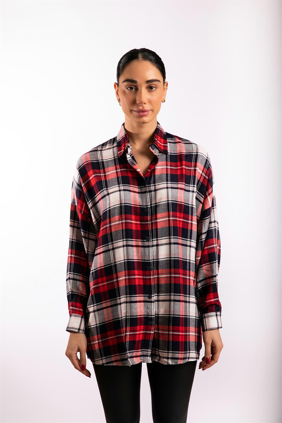 Kırmızı Beyaz Oversize Ekose Gömlek