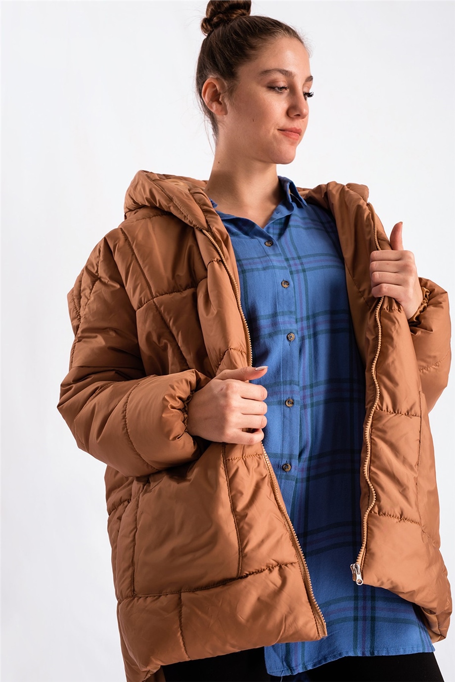 Sütlü Kahve Oversize Şişme Mont
