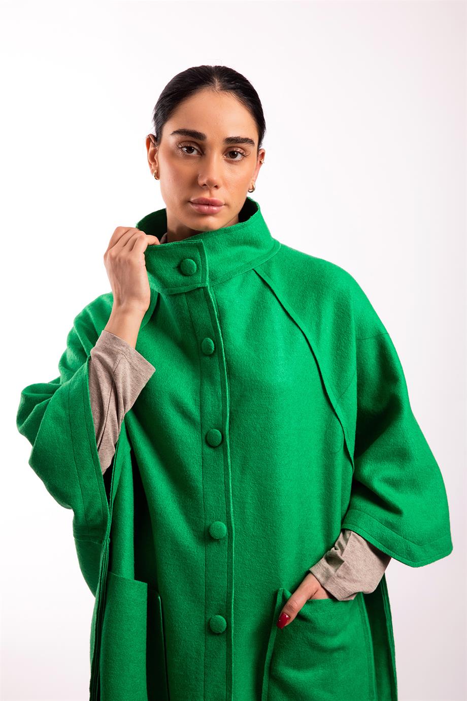 Yeşil Oversize Keçe Kaban