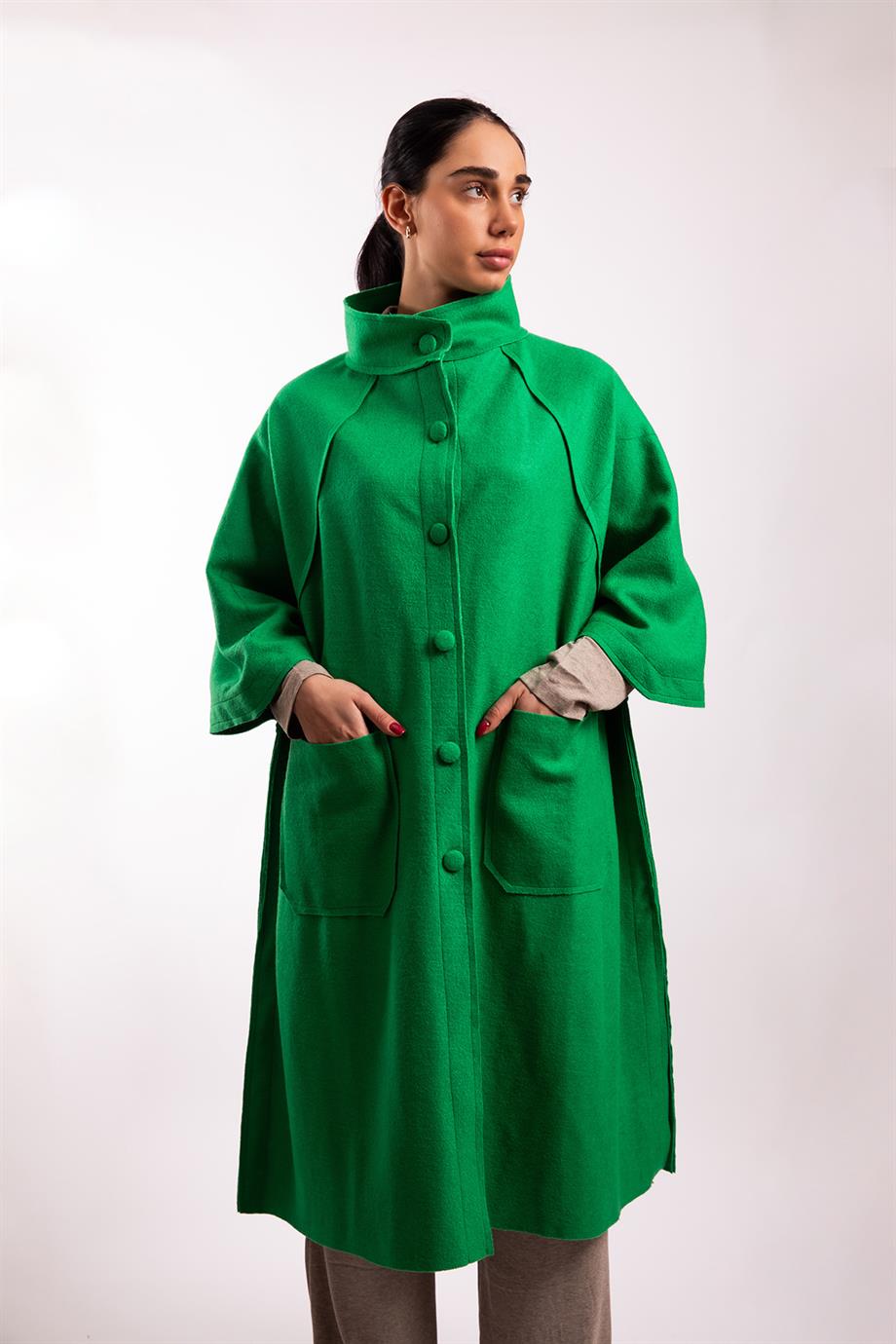 Yeşil Oversize Keçe Kaban