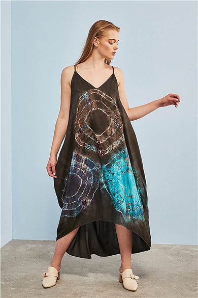 Askılı Batik Vizon Salaş Elbise