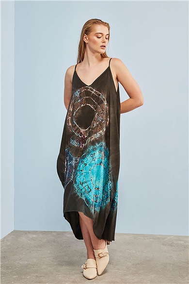 Askılı Batik Vizon Salaş Elbise