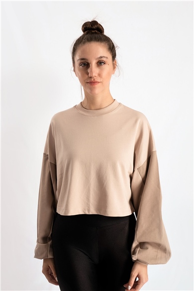 Balon Kol Bej Crop Sweat Bluz