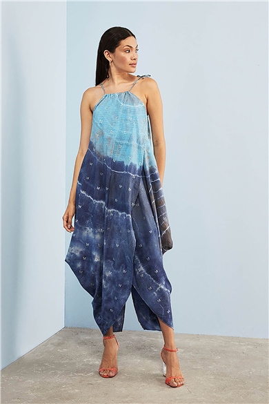 Batik Yırtmaçlı Mavi Elbise