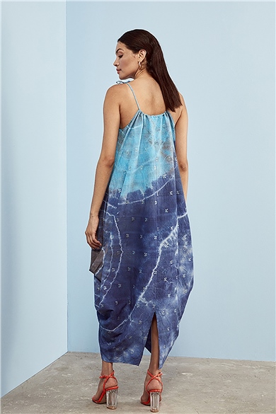Batik Yırtmaçlı Mavi Elbise