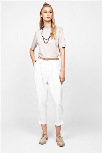 Beyaz Paçası Düğmeli Slouchy Pantolon