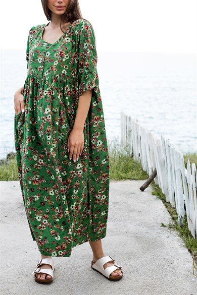 Çiçekli Yeşil Maxi Elbise