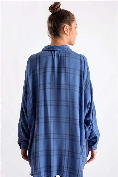Ekose Desenli Mavi Oversize Gömlek