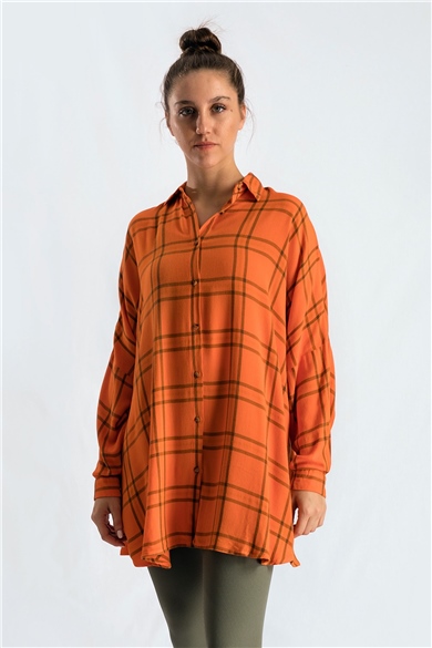 Ekose Desenli Turuncu Oversize Gömlek