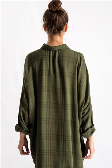 Ekose Desenli Yeşil Oversize Gömlek