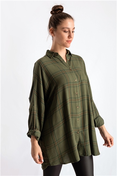 Ekose Desenli Yeşil Oversize Gömlek