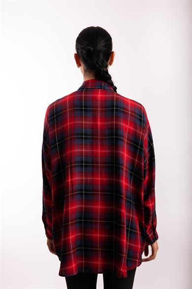 Kırmızı Lacivert Oversize Ekose Gömlek