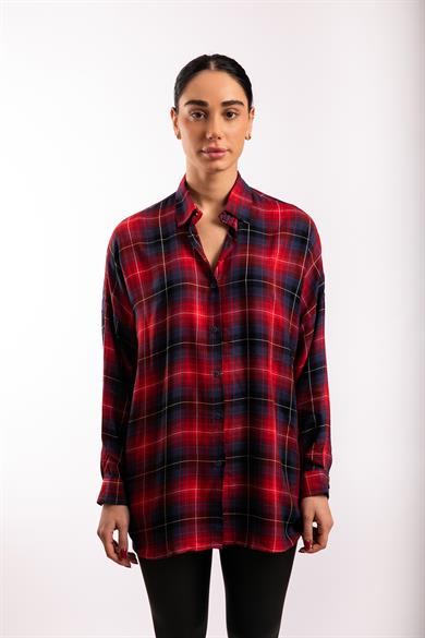 Kırmızı Lacivert Oversize Ekose Gömlek