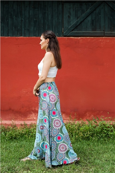 Mandala Desenli Yırtmaçlı Yeşil Pantolon
