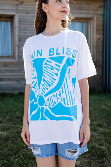 Mavi Baskılı Beyaz T-shirt